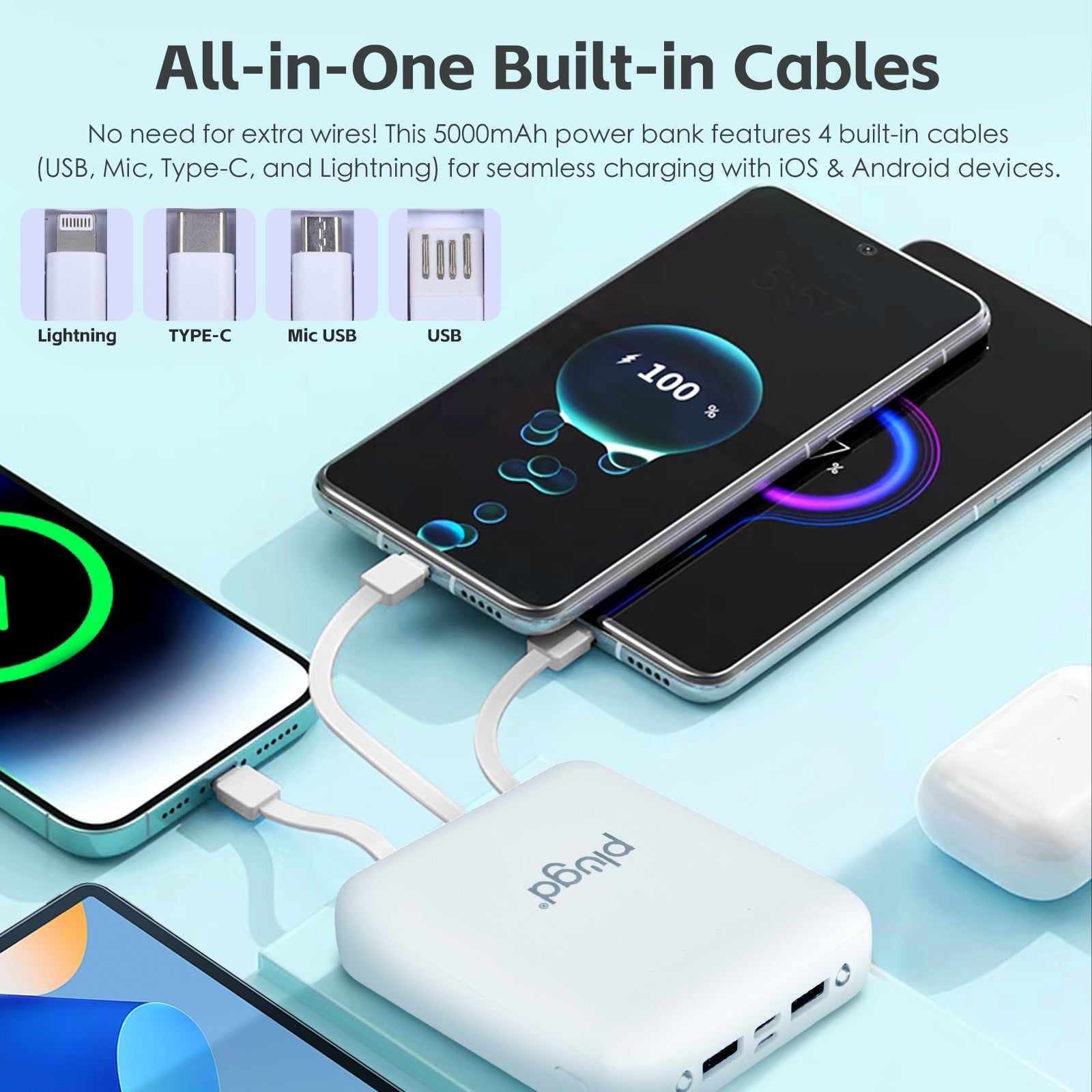 Power Banks & Chargers: 5000mAh Fast Charge Power Bank with 4 Built-in Cables and LED Lights
