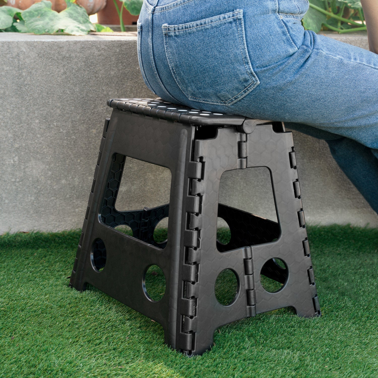 Camp Furniture: Large Plastic Folding Stool Portable Chair Store Flat Easy Carry Outdoor Camping Black