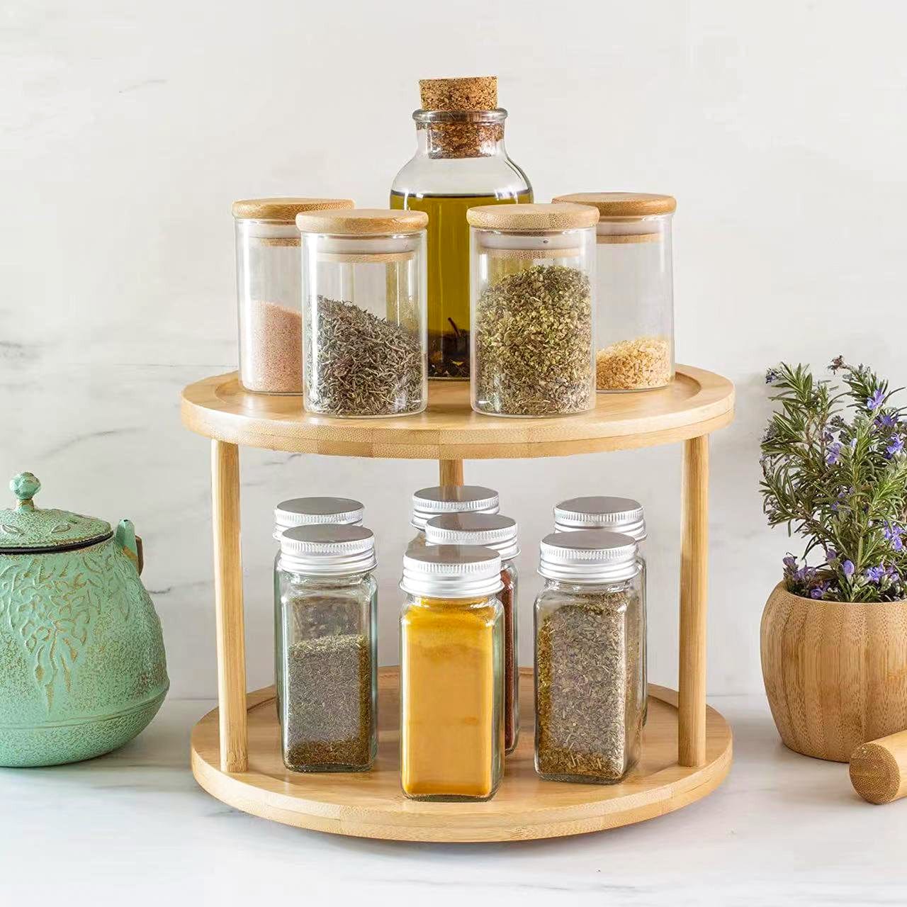 Kitchen & Bathroom DIY: Lazy Susan 2 Tier Rotating Spice Rack Turnable Kitchen Shelf Bamboo Organiser