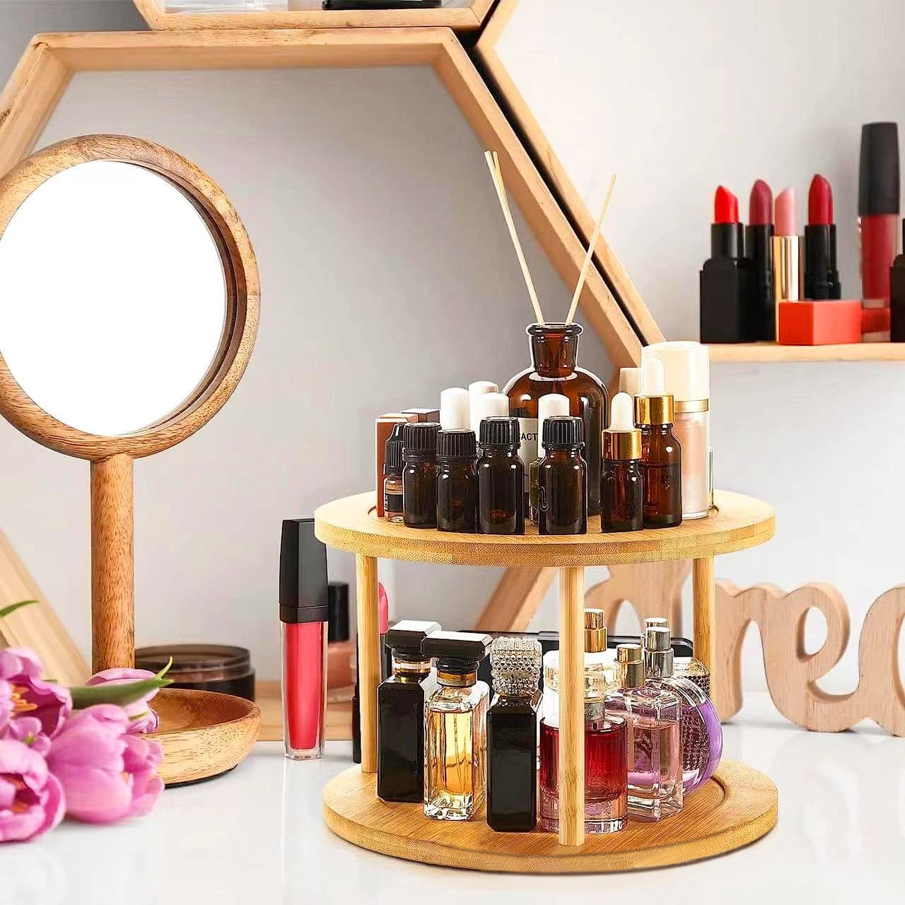 Kitchen & Bathroom DIY: Lazy Susan 2 Tier Rotating Spice Rack Turnable Kitchen Shelf Bamboo Organiser