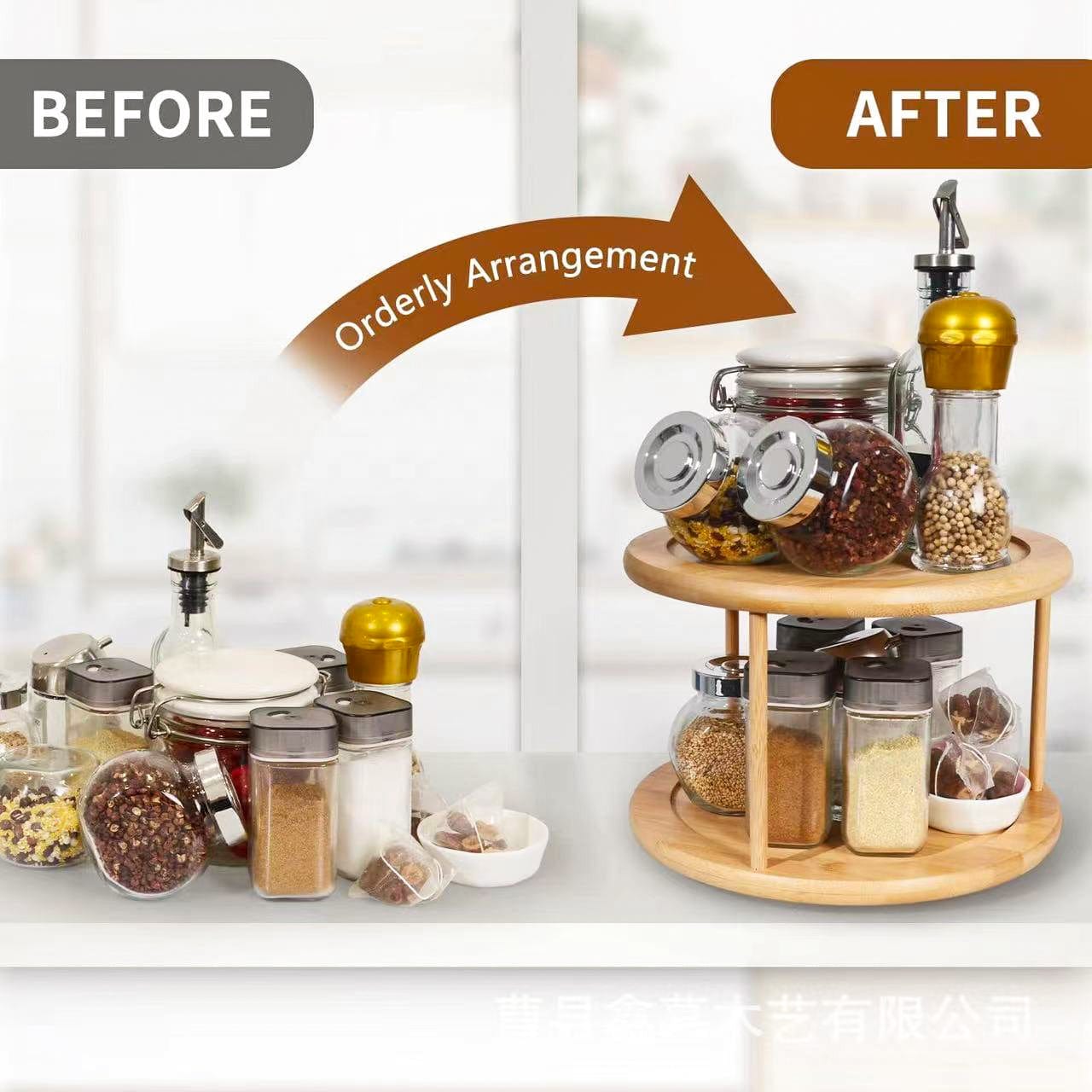 Kitchen & Bathroom DIY: Lazy Susan 2 Tier Rotating Spice Rack Turnable Kitchen Shelf Bamboo Organiser