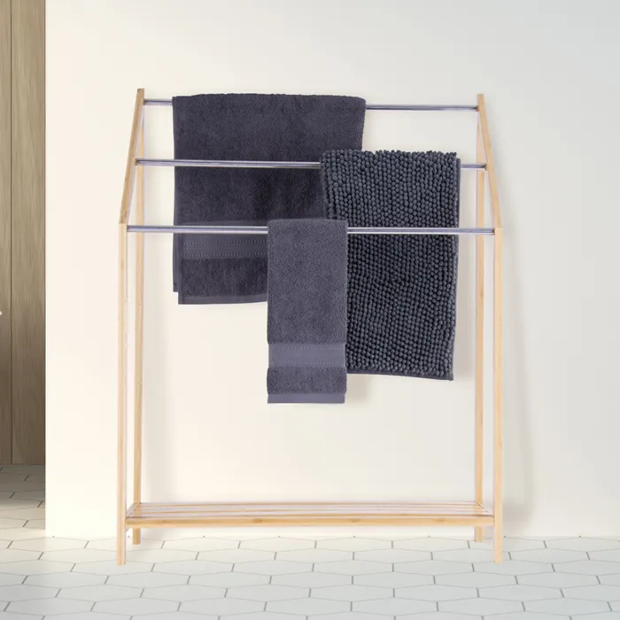 Towel Racks & Holders: 85cm Standing Towel Rack - Bamboo Towel Bar Metal 3-Tier