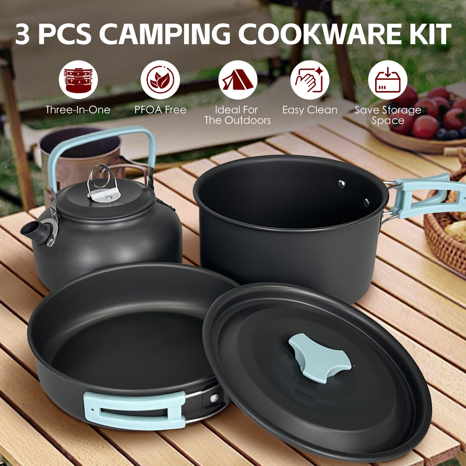 Camping Appliances: 3Pcs Camping Cooking Set  Lightweight Anodised Aluminium Outdoor Cookware Kit with Heat-Resistant Handles
