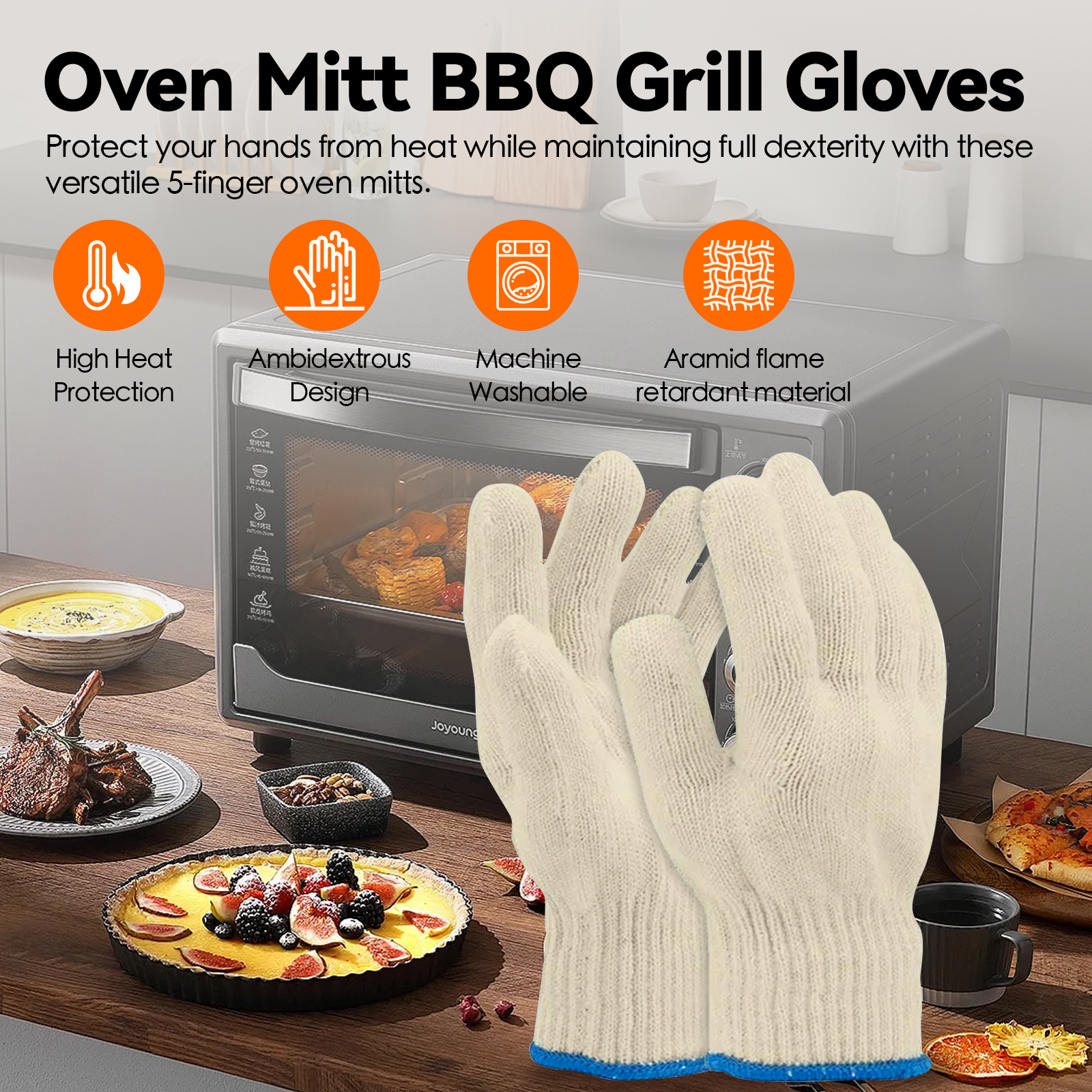 BBQ Tools: 2 Pair 5 Finger Oven Mitt BBQ Grill Gloves