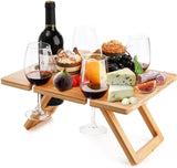 Camp Furniture: Bamboo Foldable Picnic Table Tray with Wine and Glass Holders