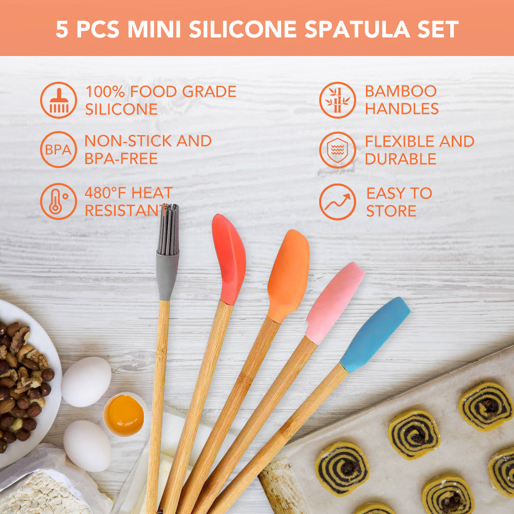 Kitchen Utensils: 5pc Mini Silicone and Bamboo Utensils Set Nonstick Cookware