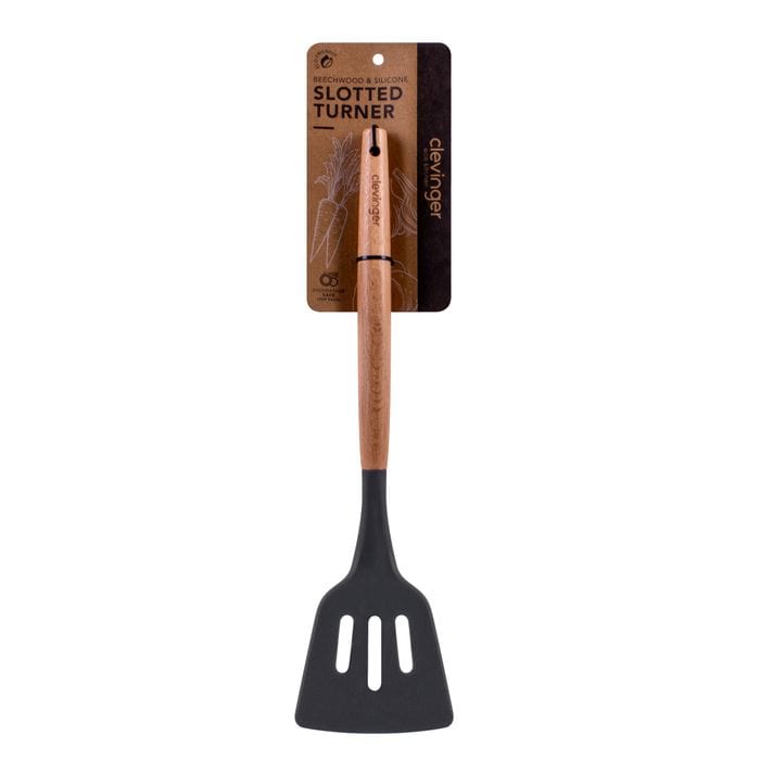Kitchen Utensils: Beechwood & silicone slotted turner charcoal