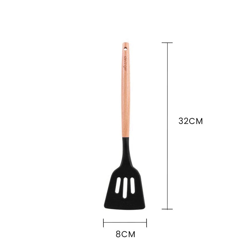 Kitchen Utensils: Beechwood & silicone slotted turner charcoal