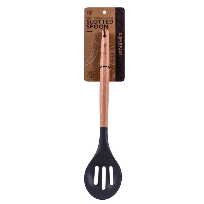 Kitchen Utensils: Beechwood & silicone slotted spoon charcoal