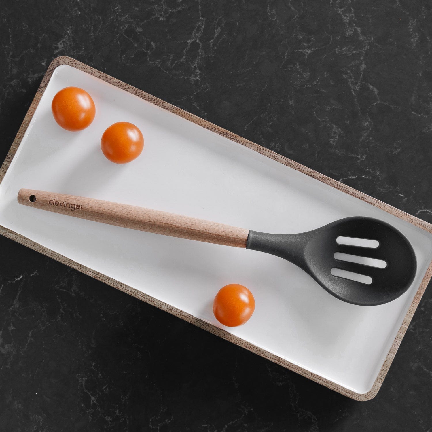 Kitchen Utensils: Beechwood & silicone slotted spoon charcoal