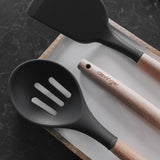 Kitchen Utensils: Beechwood & silicone slotted spoon charcoal