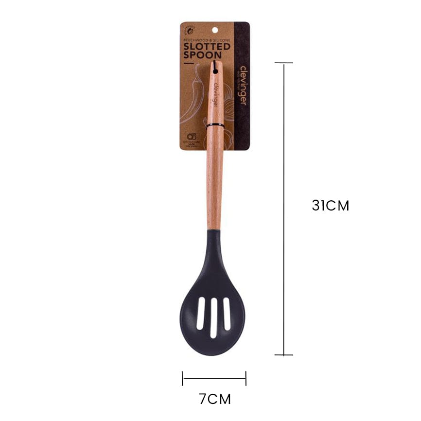 Kitchen Utensils: Beechwood & silicone slotted spoon charcoal