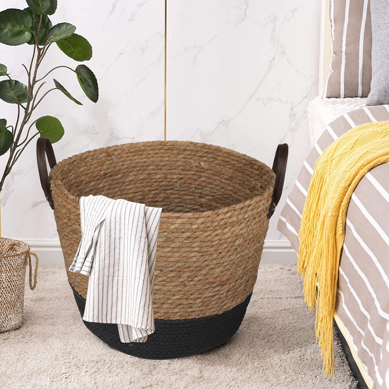 Kitchen & Bathroom DIY: 3 Piece Cotton Rope Stripe Carry Handles Storage Baskets Set