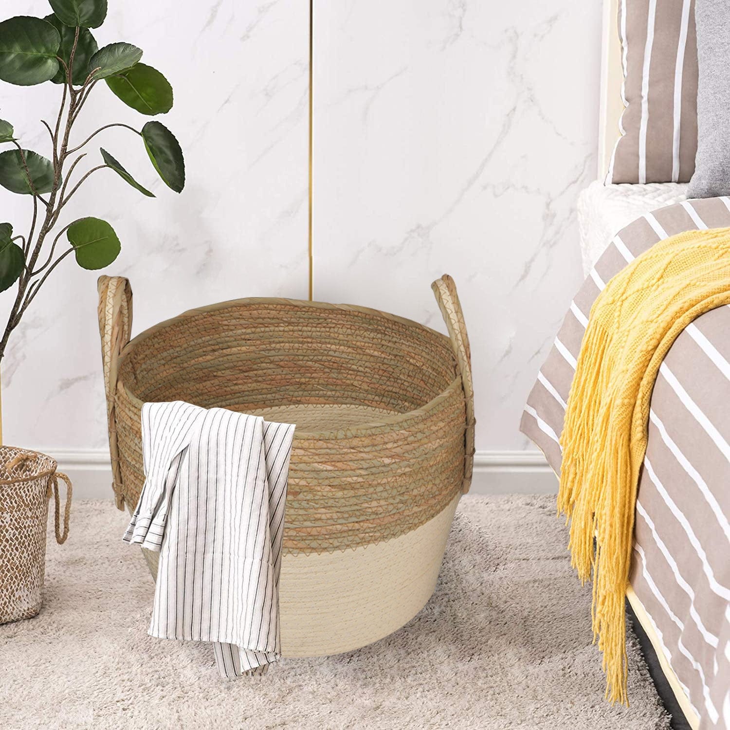 Kitchen & Bathroom DIY: 3 Piece Cotton Rope Stripe Carry Handles Storage Baskets Set