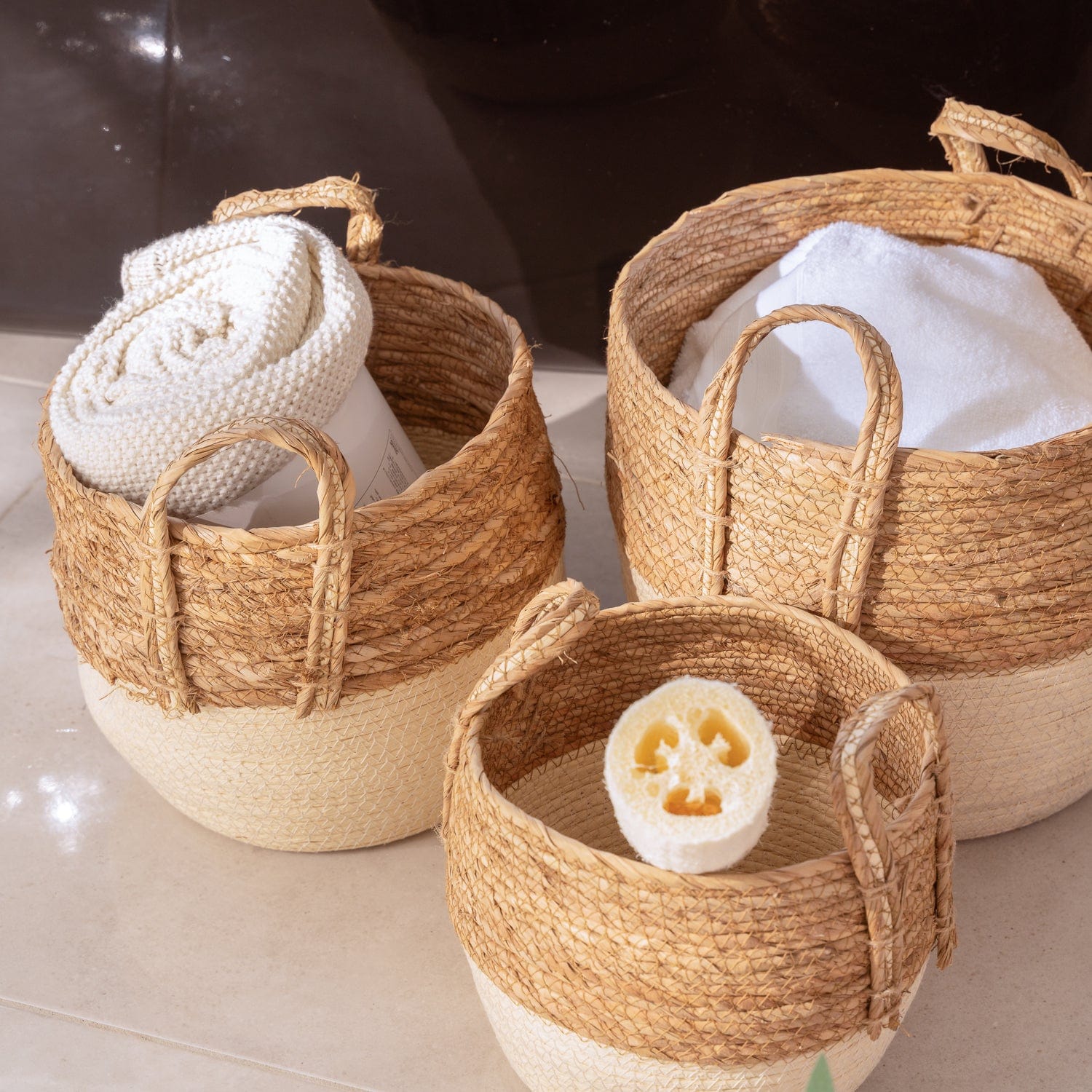 Kitchen & Bathroom DIY: 3 Piece Cotton Rope Stripe Carry Handles Storage Baskets Set