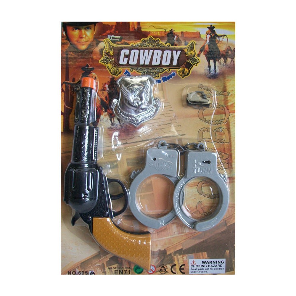 Board Games: Toy cowboy gun and handcuff play set