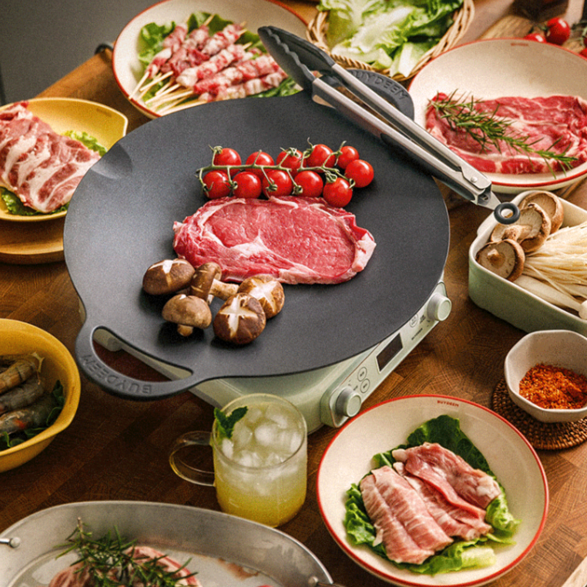 Skillets & Frying Pans: BUYDEEM Grill Pan Nonstick 36cm Round BBQ Griddle Indoor or Outdoor Cooking