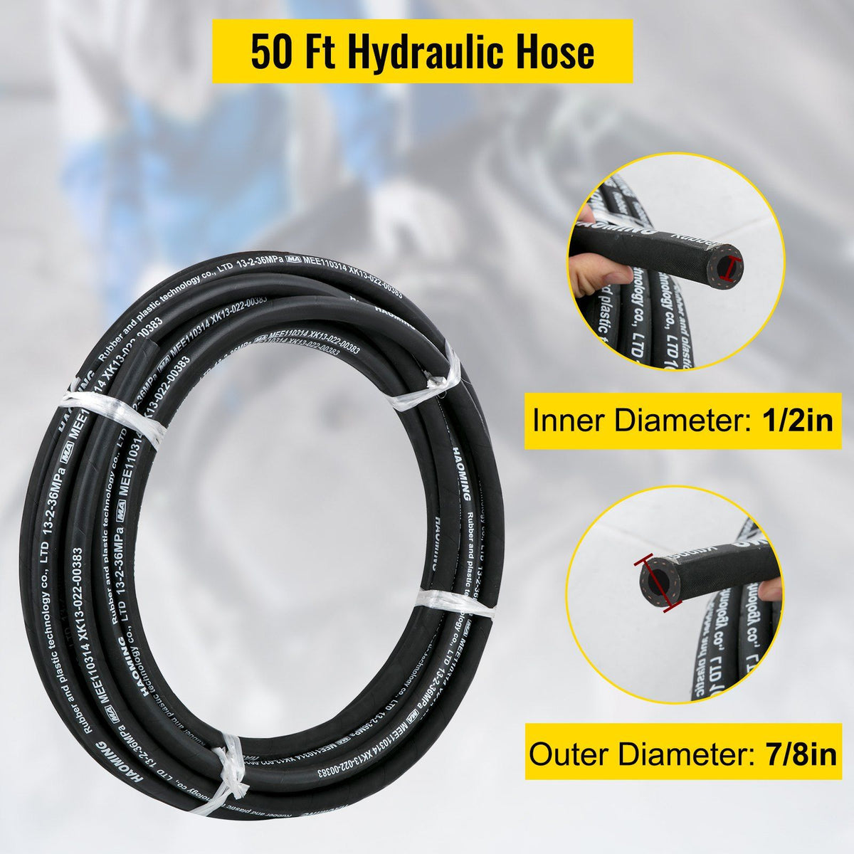 Hydraulic Hose 15m Rubber Hydraulic Hoses with 2 High-Tensile Steel Wire Braid, Inner Diameter 1/2 Inch, 5000 PSI Max, Bulk Hydraulic Hose -40 °F to 250 °F, Hydraulic Oil Flexible Hose