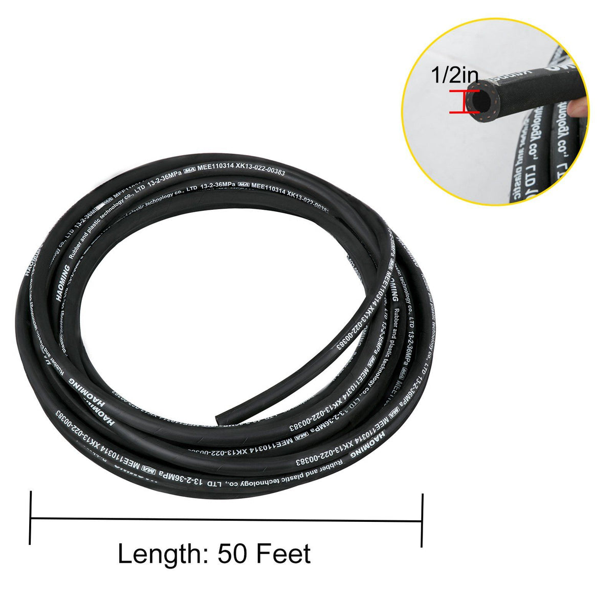 Hydraulic Hose 15m Rubber Hydraulic Hoses with 2 High-Tensile Steel Wire Braid, Inner Diameter 1/2 Inch, 5000 PSI Max, Bulk Hydraulic Hose -40 °F to 250 °F, Hydraulic Oil Flexible Hose