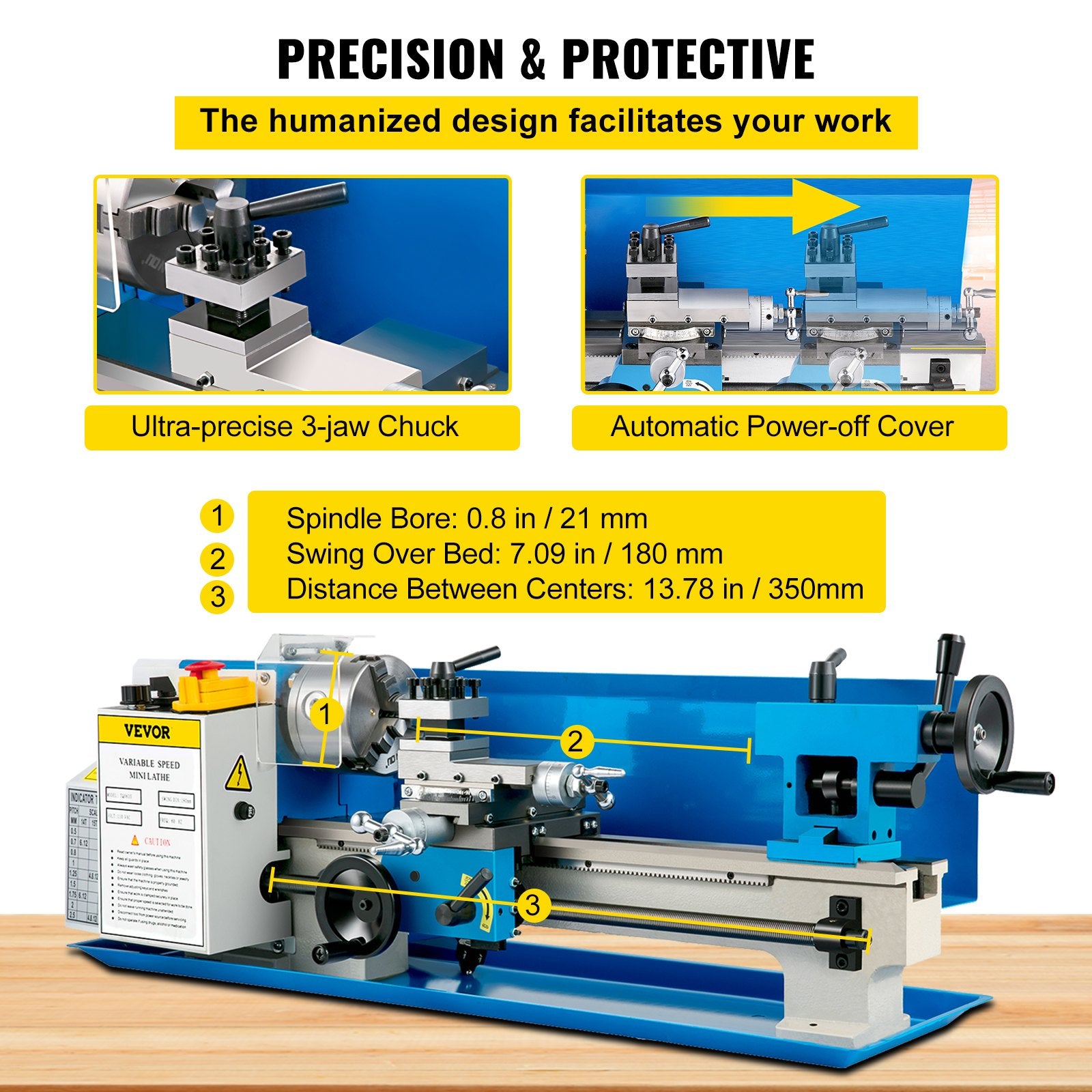 Metal Lathe 7'' x 14'', Mini Metal Lathe 0-2500 RPM Variable Speed,Mini Lathe with 4"" 3-jaw Chuck,Bench Top Metal Lathe, Benchtop Lathe, for Various Types of Metal Turning