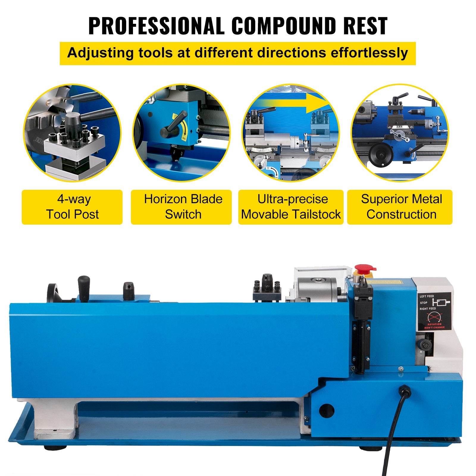 Metal Lathe 7'' x 14'', Mini Metal Lathe 0-2500 RPM Variable Speed,Mini Lathe with 4"" 3-jaw Chuck,Bench Top Metal Lathe, Benchtop Lathe, for Various Types of Metal Turning
