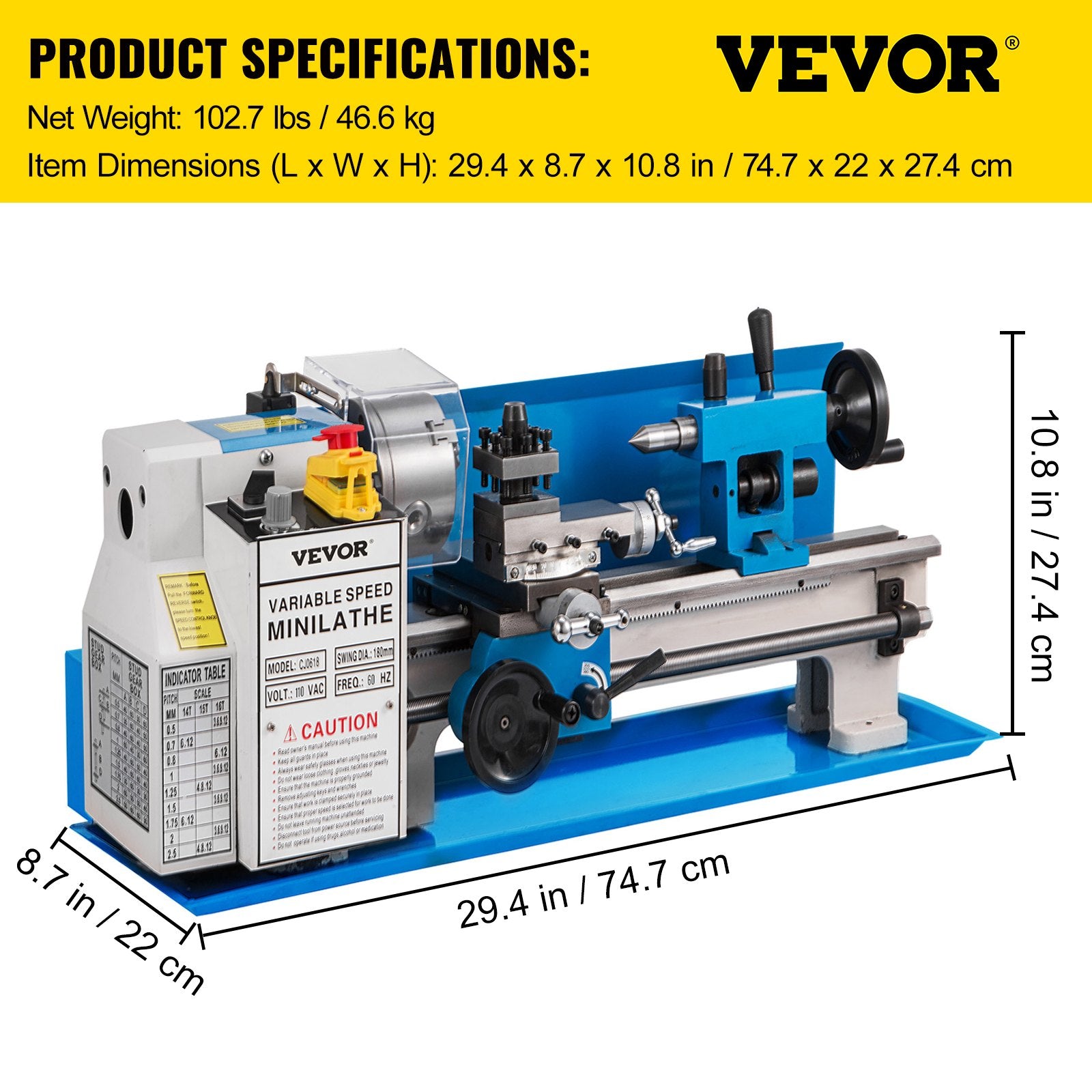 Metal Lathe 7'' x 14'', Mini Metal Lathe 0-2500 RPM Variable Speed,Mini Lathe with 4"" 3-jaw Chuck,Bench Top Metal Lathe, Benchtop Lathe, for Various Types of Metal Turning