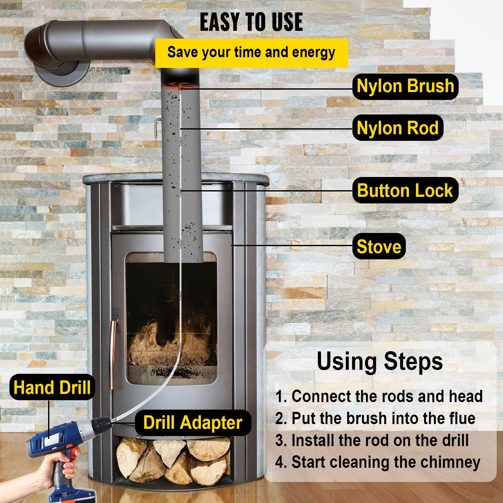 Fire Pit Accessories: VEVOR Chimney Sweep Kit 33FT Chimney Cleaning Kit Nylon Sooteater Chimney Cleaning Kit Flexible Brush Head Chimney Sweeping Kit Easy Connecting Chimney Brush With 10 White Rods