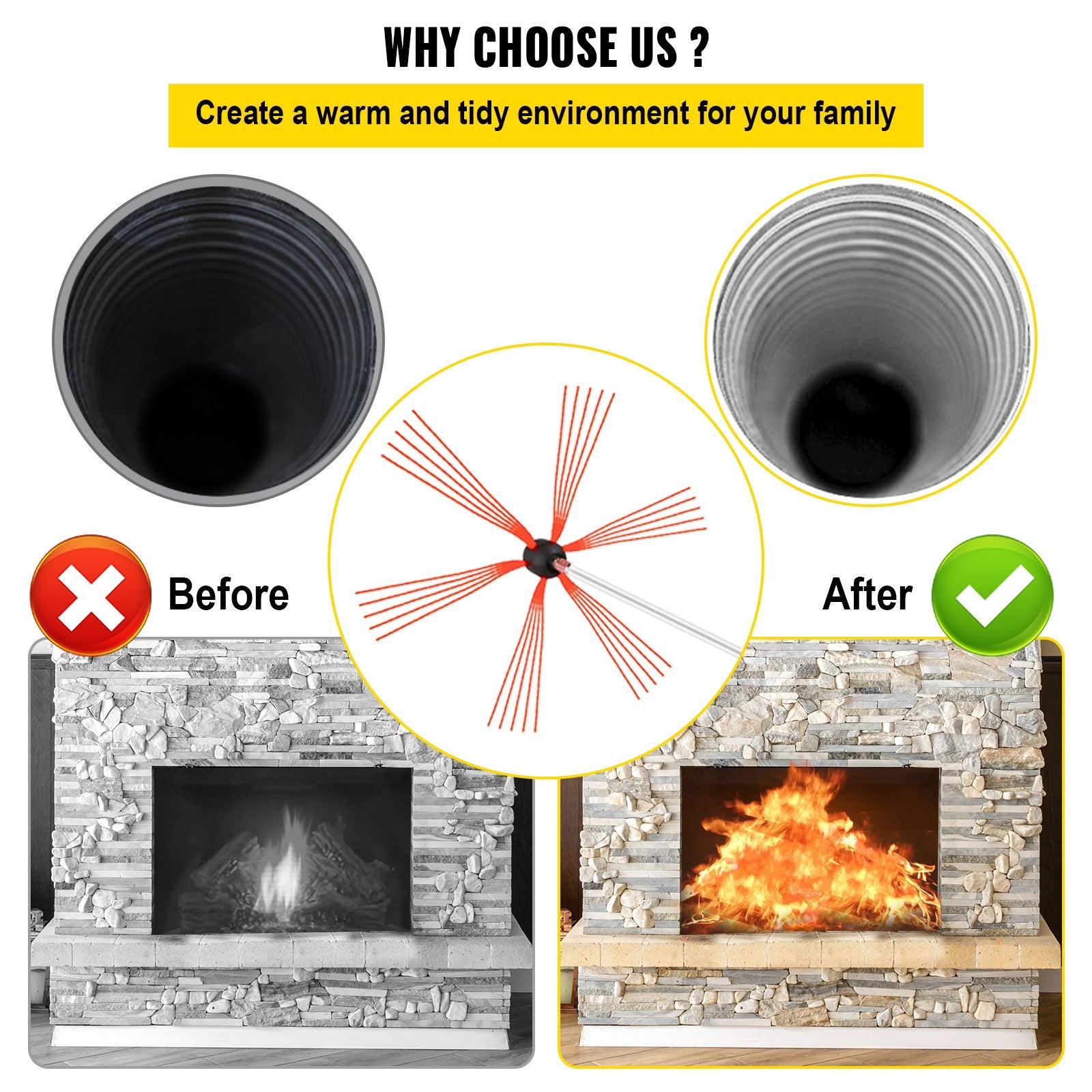 Fire Pit Accessories: VEVOR Chimney Sweep Kit 33FT Chimney Cleaning Kit Nylon Sooteater Chimney Cleaning Kit Flexible Brush Head Chimney Sweeping Kit Easy Connecting Chimney Brush With 10 White Rods