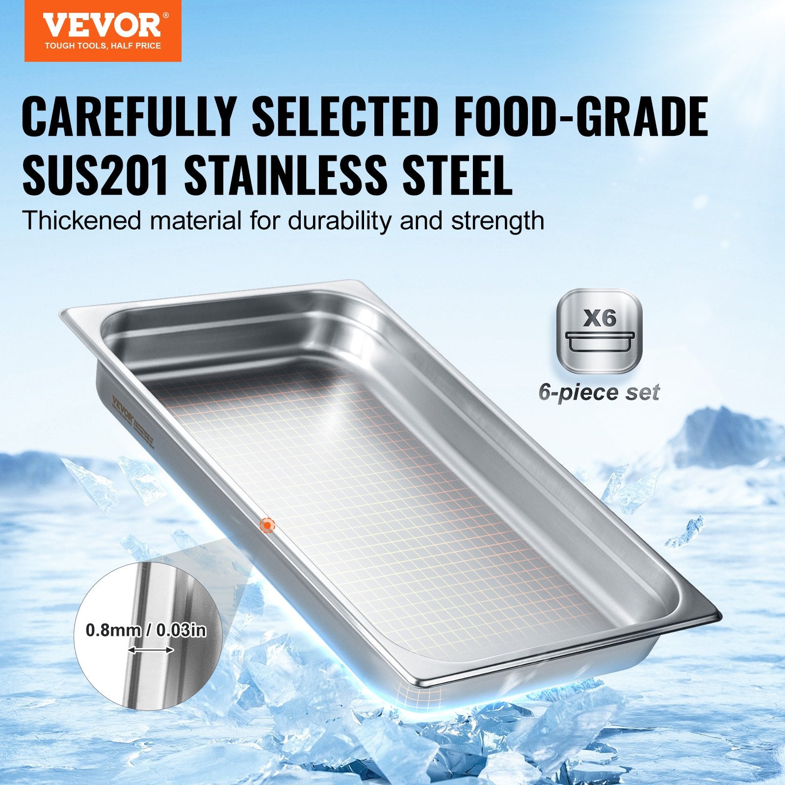 Food Storage: VEVOR 6 Pack Hotel Pans, Full Size Anti-Jam Steam Pan, 0.8mm Thick Stainless Steel Restaurant Steam Table Pan, 2.5-Inch Deep Commercial Table Pan, Catering Storage Food Pan, for Industrial & Scientifi