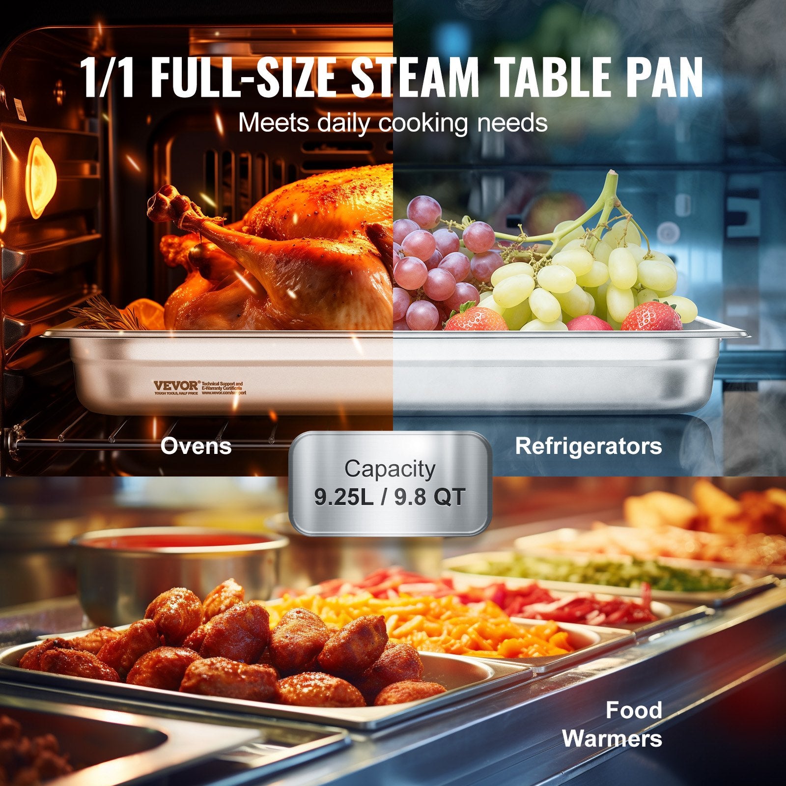 Food Storage: VEVOR 6 Pack Hotel Pans, Full Size Anti-Jam Steam Pan, 0.8mm Thick Stainless Steel Restaurant Steam Table Pan, 2.5-Inch Deep Commercial Table Pan, Catering Storage Food Pan, for Industrial & Scientifi