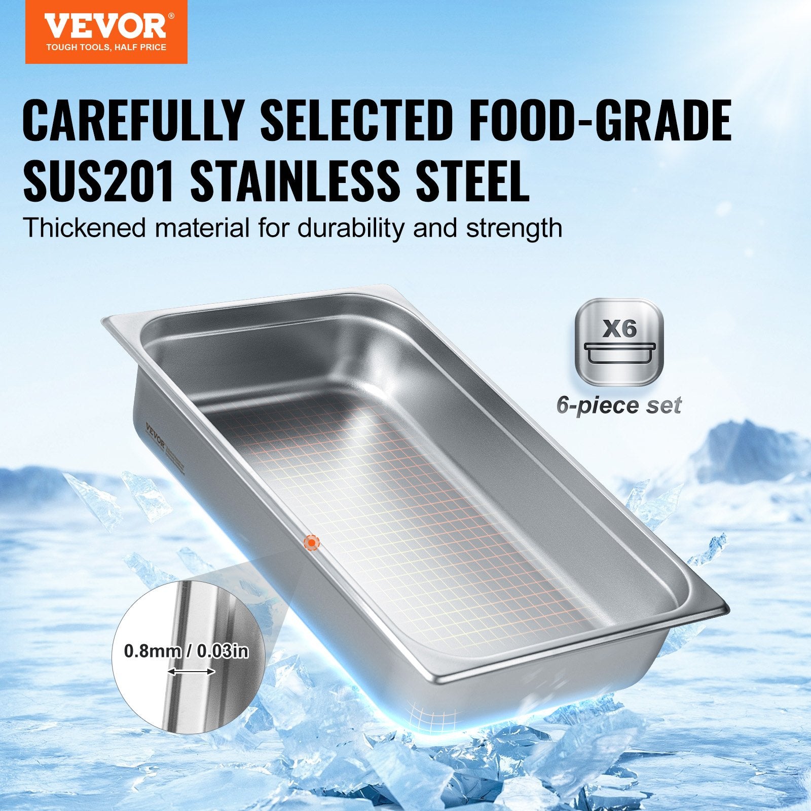Food Storage: VEVOR 6 Pack Hotel Pans, Full Size Anti-Jam Steam Pan, 0.8mm Thick Stainless Steel Restaurant Steam Table Pan, 4-Inch Deep Commercial Table Pan, Catering Storage Food Pan, for Industrial & Scientific