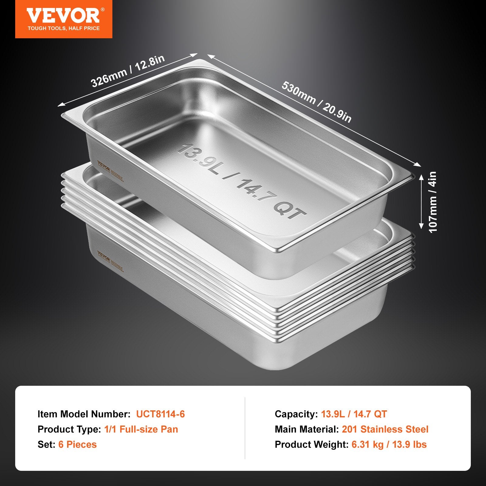 Food Storage: VEVOR 6 Pack Hotel Pans, Full Size Anti-Jam Steam Pan, 0.8mm Thick Stainless Steel Restaurant Steam Table Pan, 4-Inch Deep Commercial Table Pan, Catering Storage Food Pan, for Industrial & Scientific