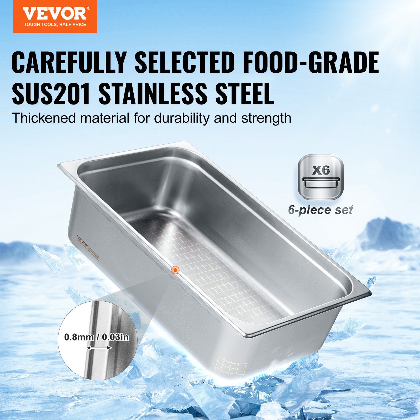 Food Storage: VEVOR 6 Pack Hotel Pans, Full Size Anti-Jam Steam Pan, 0.8mm Thick Stainless Steel Restaurant Steam Table Pan, 6-Inch Deep Commercial Table Pan, Catering Storage Food Pan, for Industrial & Scientific