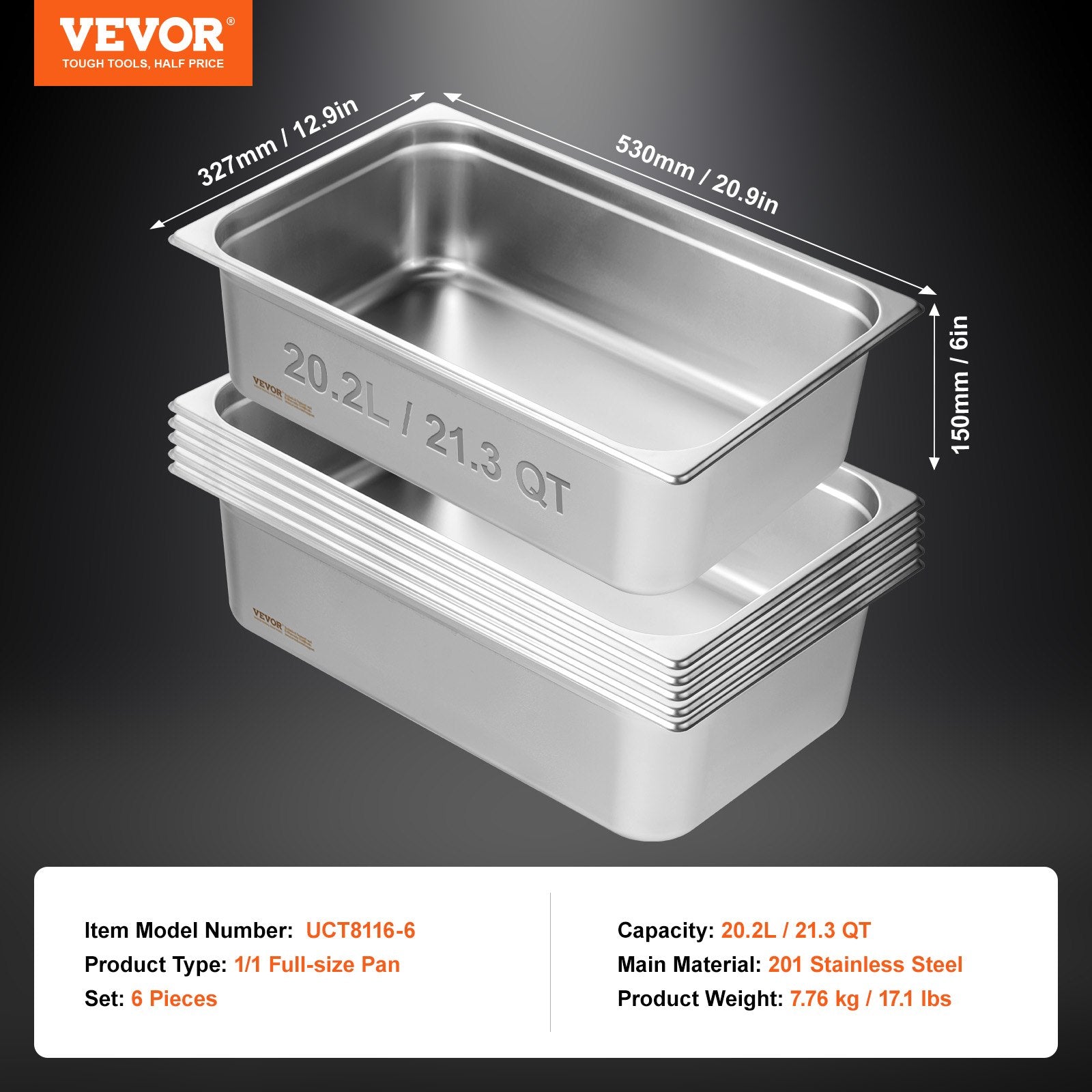Food Storage: VEVOR 6 Pack Hotel Pans, Full Size Anti-Jam Steam Pan, 0.8mm Thick Stainless Steel Restaurant Steam Table Pan, 6-Inch Deep Commercial Table Pan, Catering Storage Food Pan, for Industrial & Scientific