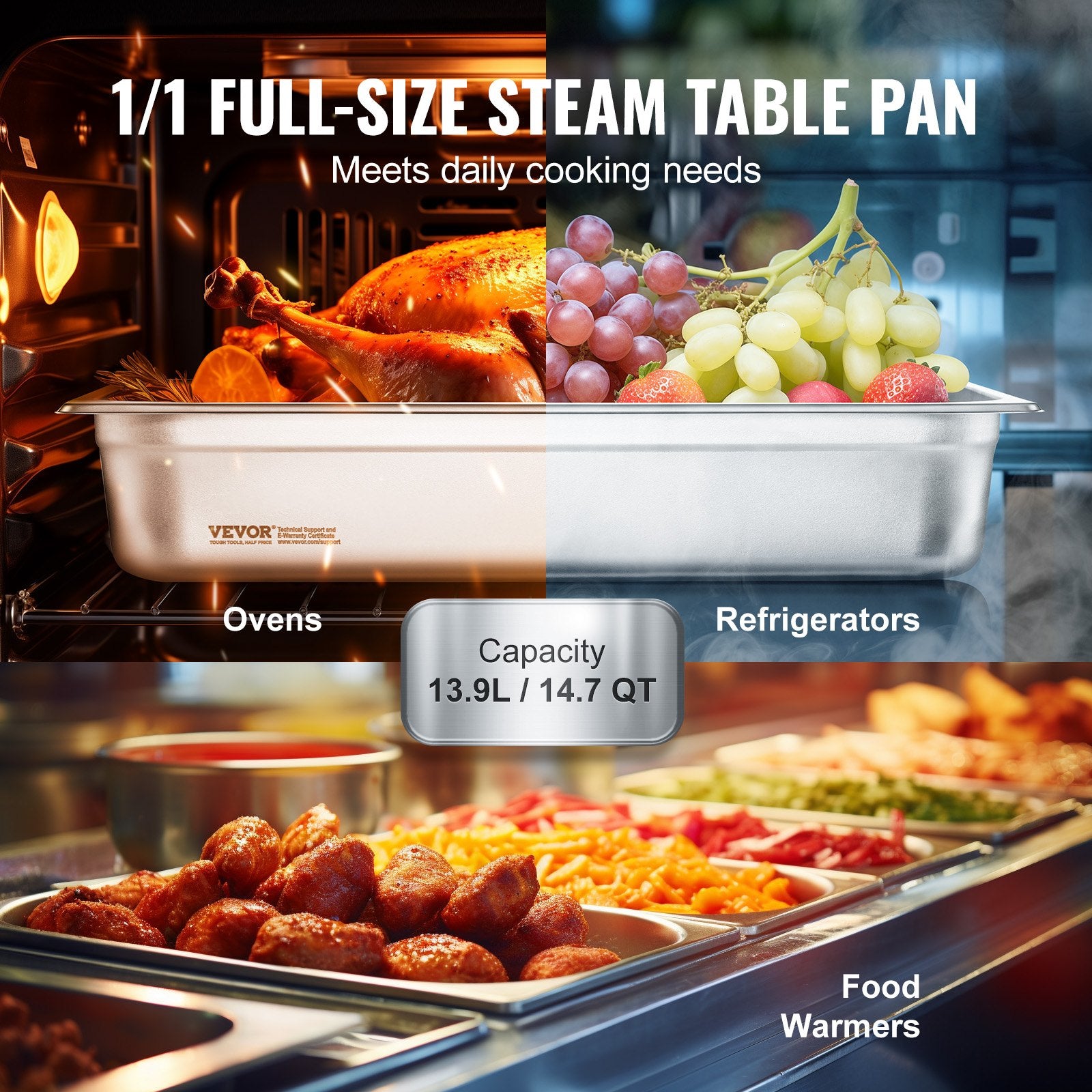 Food Storage: VEVOR 4 Pack Hotel Pans, Full Size Anti-Jam Steam Pan with Lid, 0.8mm Thick Stainless Steel Steam Table Pan, 4-Inch Deep Commercial Table Pan, Catering Storage Food Pan, for Industrial & Scientific