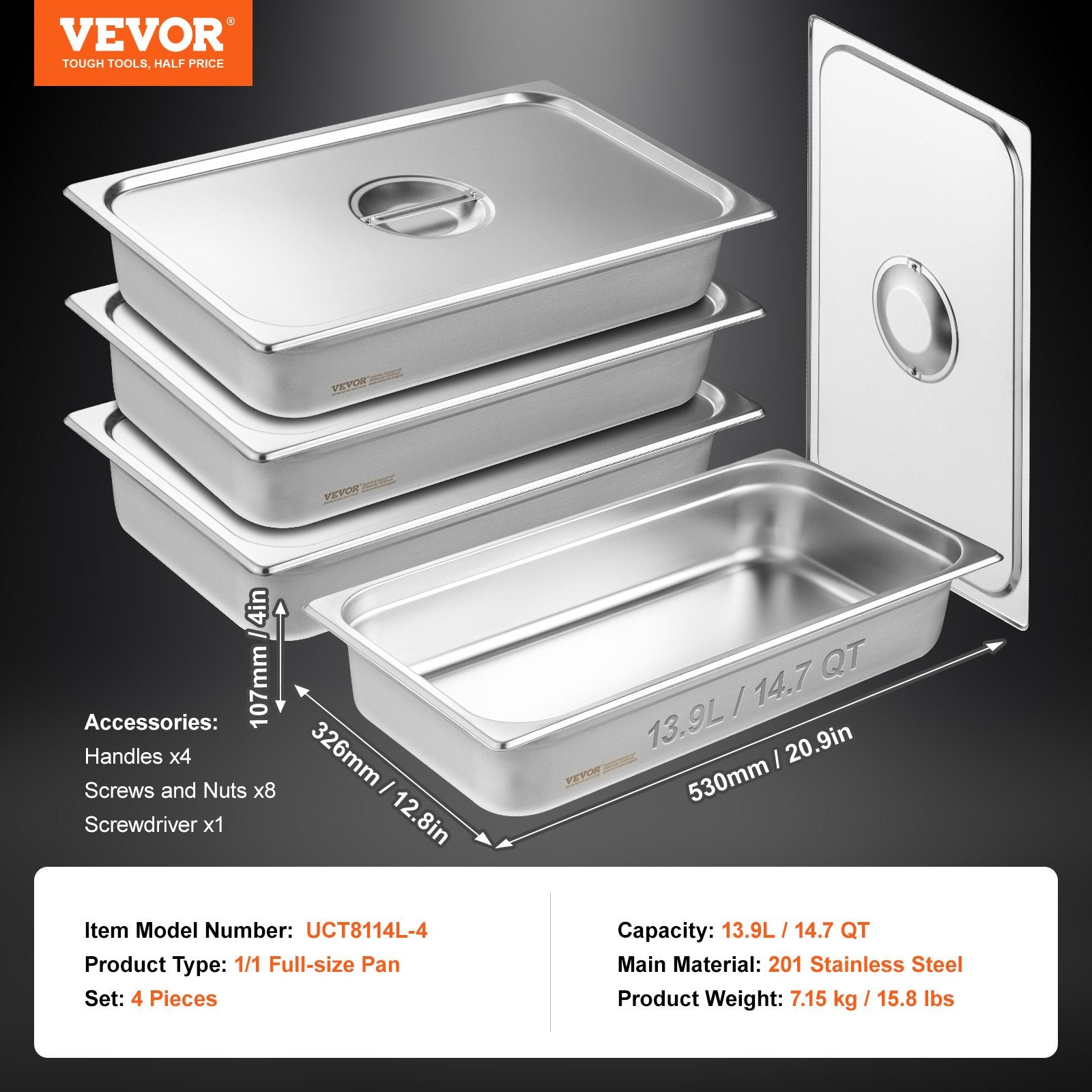 Food Storage: VEVOR 4 Pack Hotel Pans, Full Size Anti-Jam Steam Pan with Lid, 0.8mm Thick Stainless Steel Steam Table Pan, 4-Inch Deep Commercial Table Pan, Catering Storage Food Pan, for Industrial & Scientific