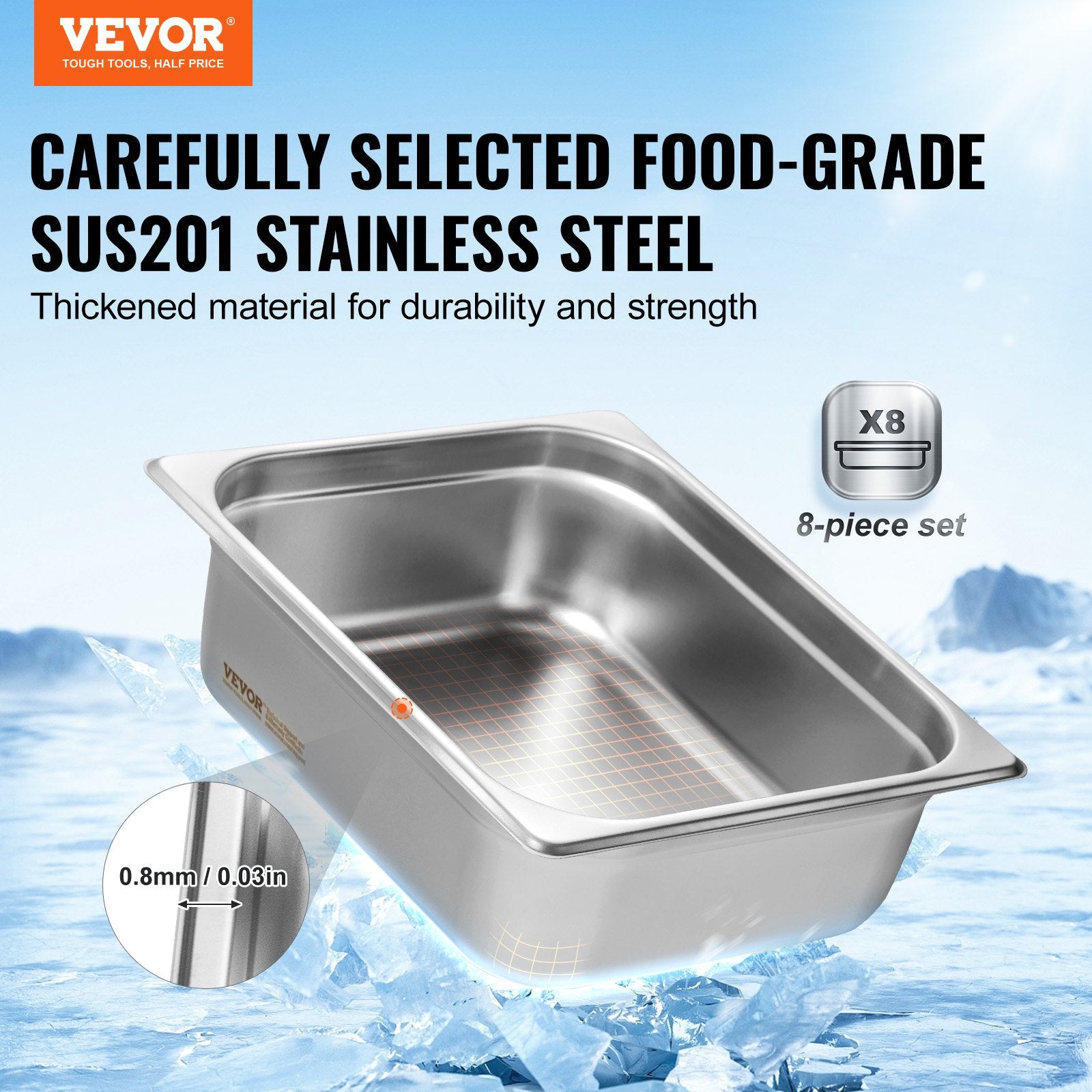 Food Storage: VEVOR 8 Pack Hotel Pans, 1/2 Size Anti-Jam Steam Pan with Lid, 0.8mm Thick Stainless Steel Steam Table Pan, 4-Inch Deep Commercial Table Pan, Catering Storage Food Pan, for Industrial & Scientific