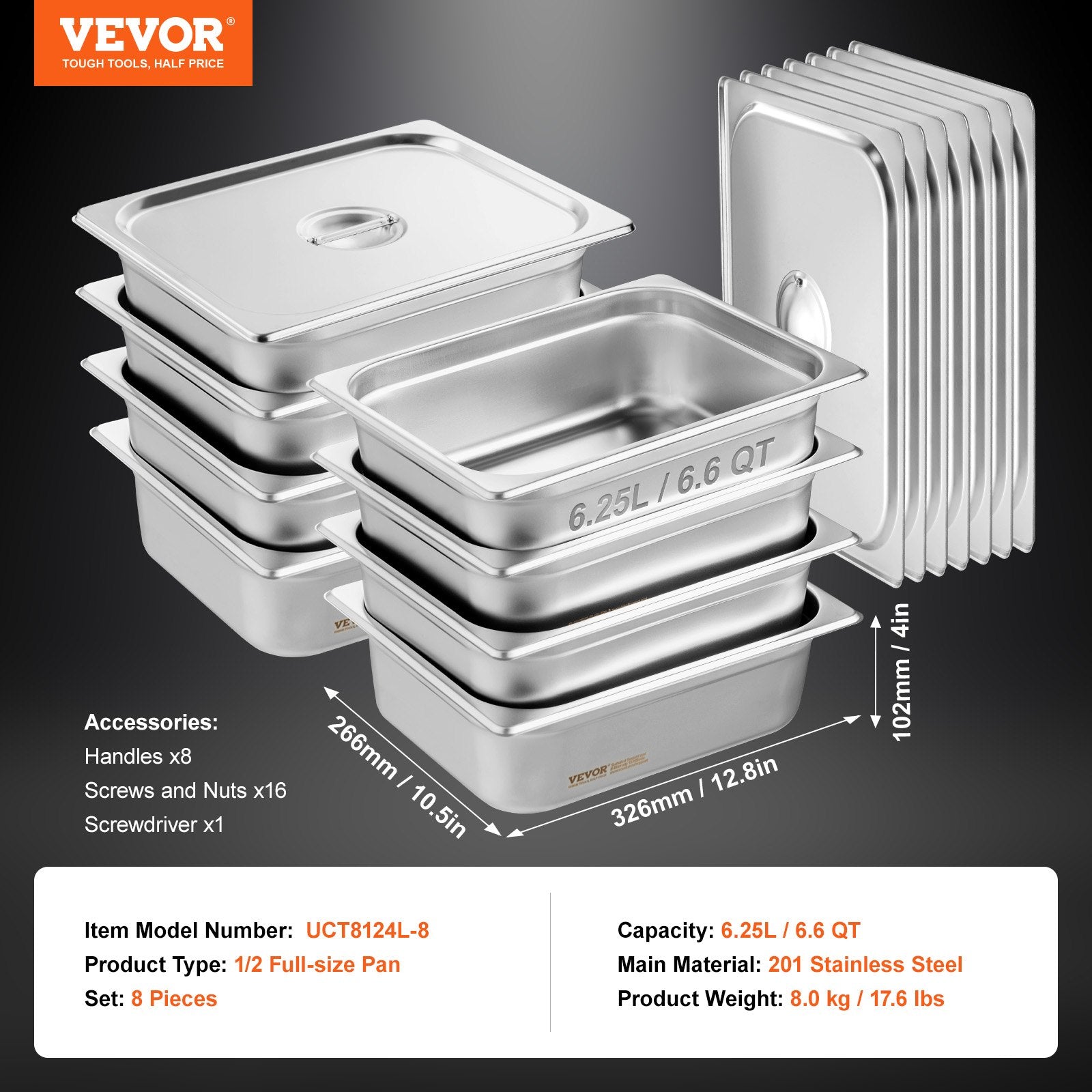 Food Storage: VEVOR 8 Pack Hotel Pans, 1/2 Size Anti-Jam Steam Pan with Lid, 0.8mm Thick Stainless Steel Steam Table Pan, 4-Inch Deep Commercial Table Pan, Catering Storage Food Pan, for Industrial & Scientific