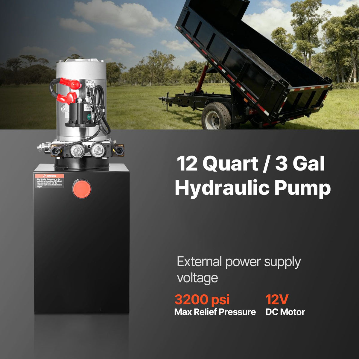 12 L Hydraulic Power Unit, Double Acting Dump Trailer Pump, 22 MPa Max Relief Pressure & 3.4 L/min Flow Rate, DC 12V Hydraulic Pump with Metal Reservoir for Dump Trailer Car Lifting