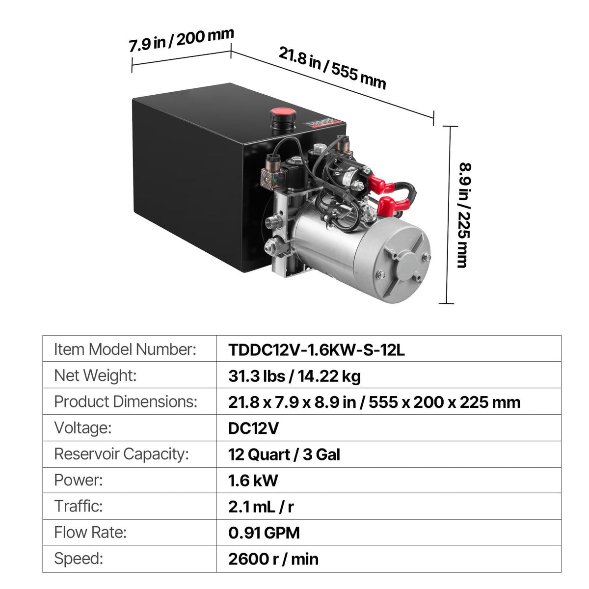 12 L Hydraulic Power Unit, Double Acting Dump Trailer Pump, 22 MPa Max Relief Pressure & 3.4 L/min Flow Rate, DC 12V Hydraulic Pump with Metal Reservoir for Dump Trailer Car Lifting
