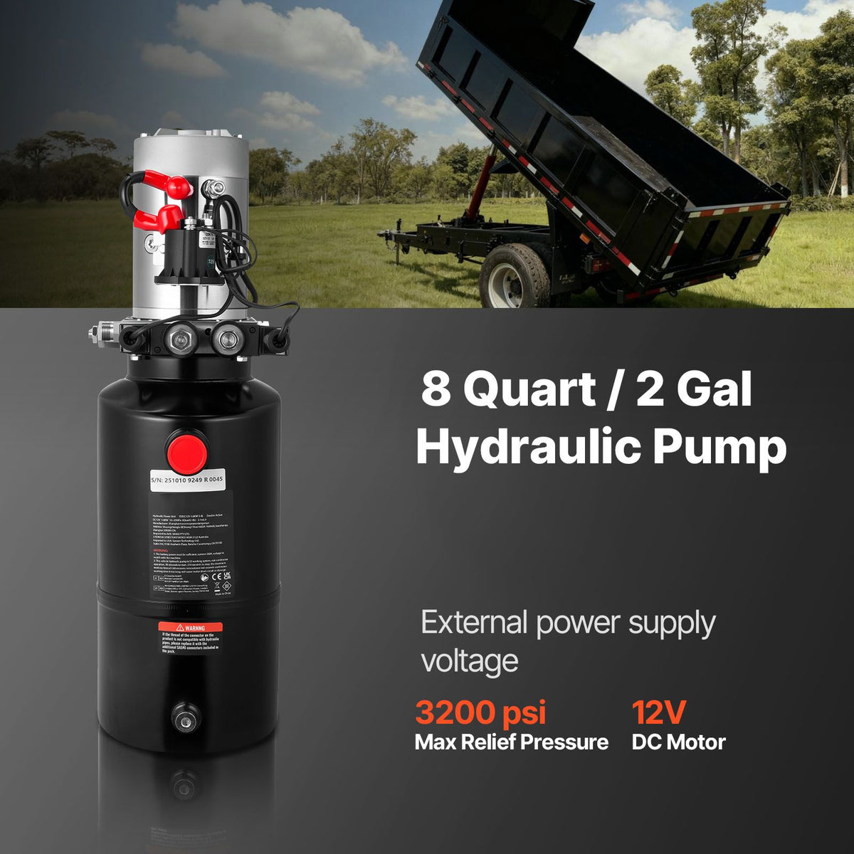 8 L Hydraulic Power Unit, Double Acting Dump Trailer Pump, 22 MPa Max Relief Pressure & 3.4 L/min Flow Rate, DC 12V Hydraulic Pump with Metal Reservoir for Dump Trailer Car Lifting