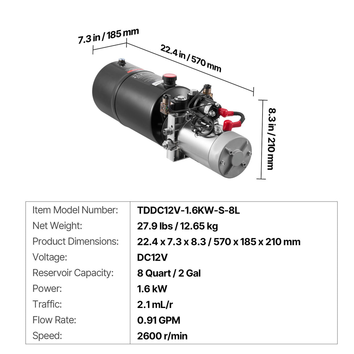 8 L Hydraulic Power Unit, Double Acting Dump Trailer Pump, 22 MPa Max Relief Pressure & 3.4 L/min Flow Rate, DC 12V Hydraulic Pump with Metal Reservoir for Dump Trailer Car Lifting