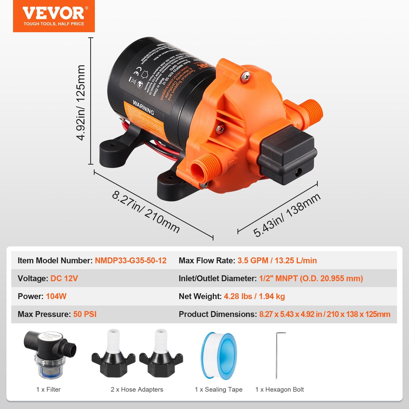 Fuel & Exhaust: VEVOR Diaphragm Pump 3.5GPM 13.25L/min 3-Chamber Water Pump Pressure Switch