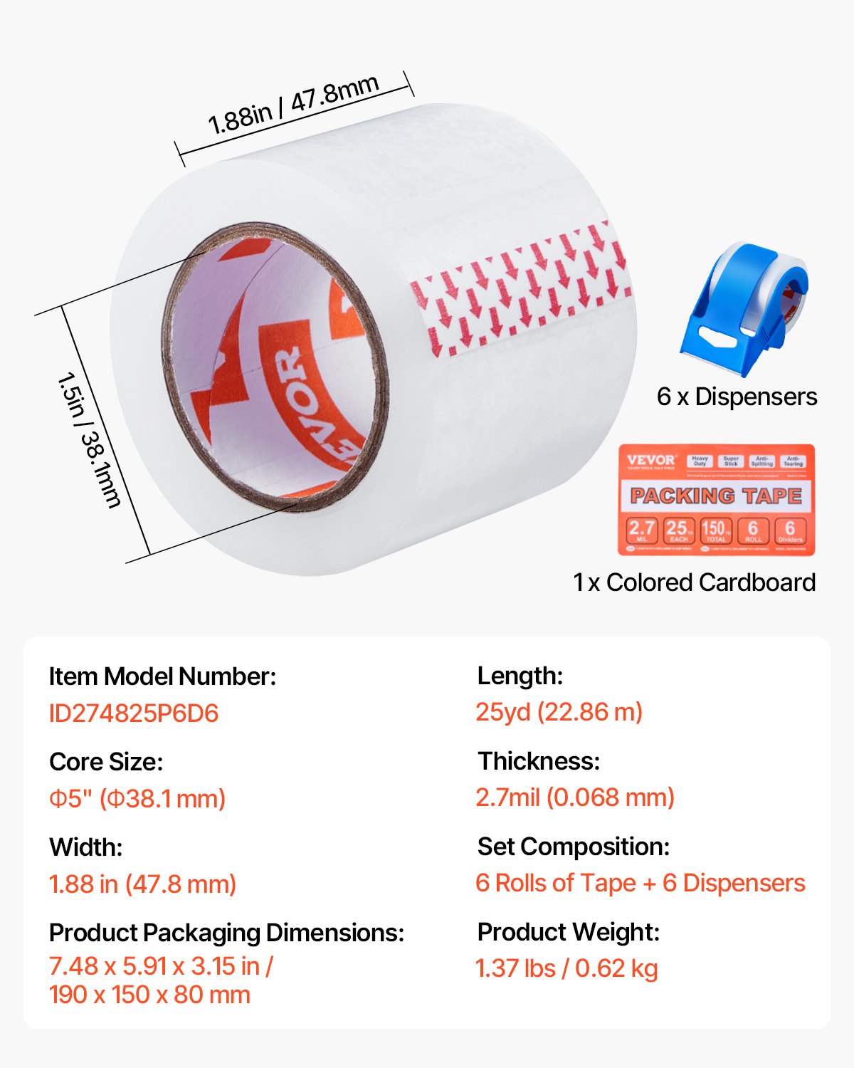 Tape & Dispensers: VEVOR Packing Tape 6 Rolls 25 Yards Clear Shipping Tape with Dispenser 2.7 Mil