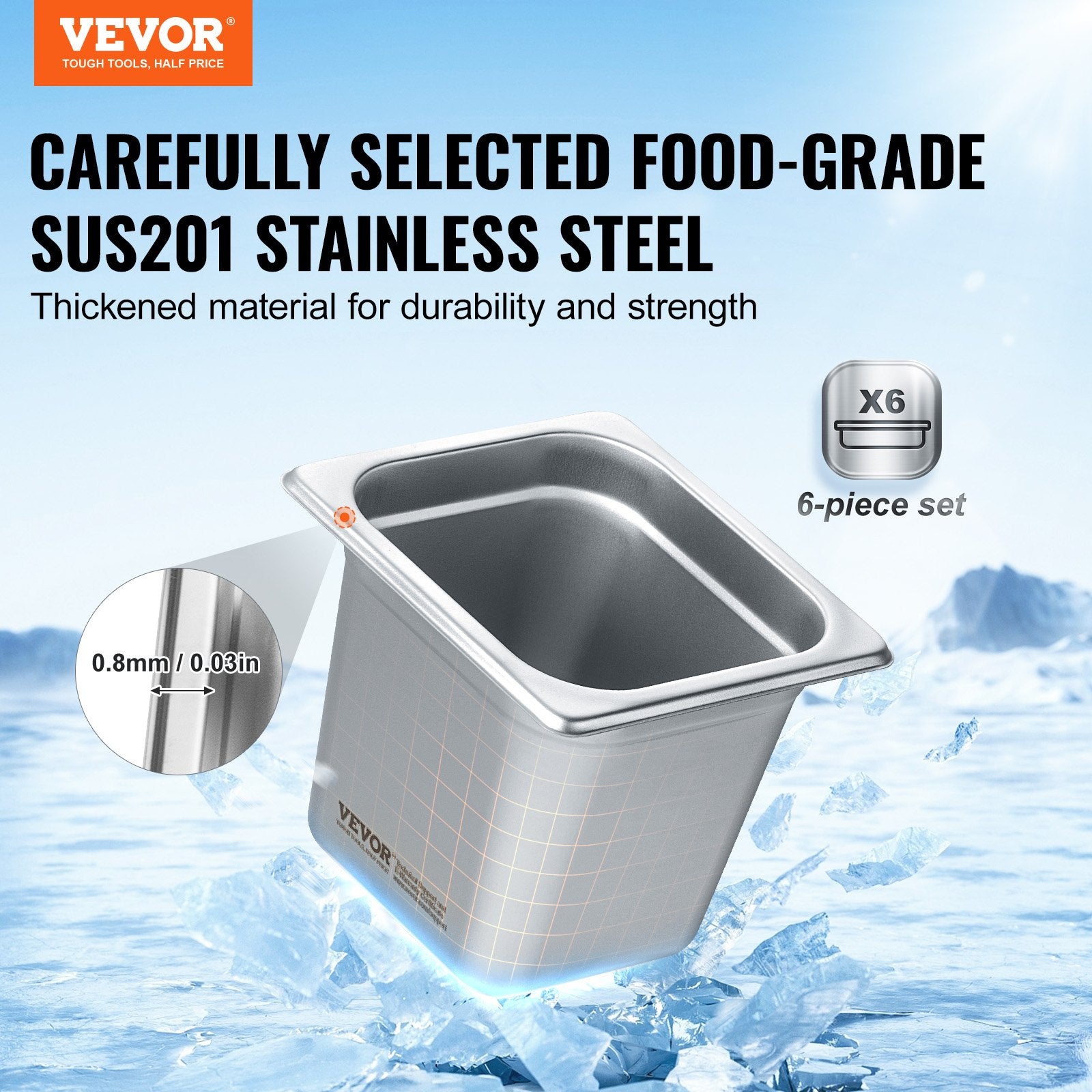 6 Pack Hotel Pans, 1/6 Size Anti-Jam Steam Pan, 0.8mm Thick Stainless Steel Restaurant Steam Table Pan, 6-Inch Deep Commercial Table Pan, Catering Storage Food Pan, for Industrial & Scientific