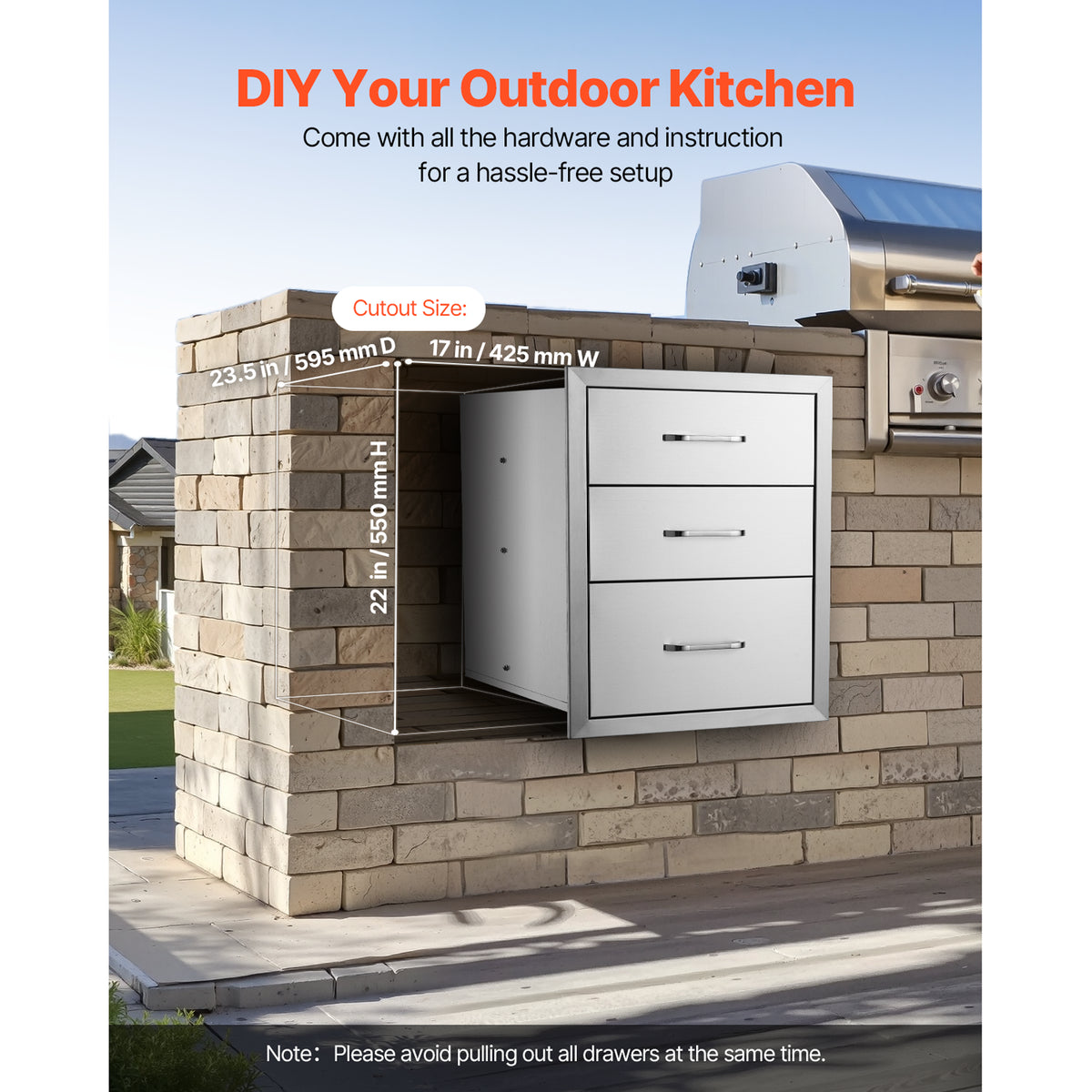 18x23 Inch Outdoor Kitchen Stainless Steel Triple Access BBQ Drawers with Chrome Handle, 18 x23 x 23 Inch