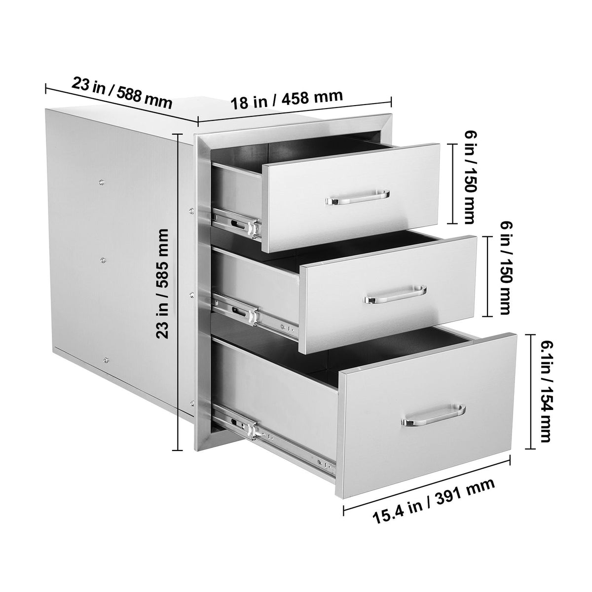 18x23 Inch Outdoor Kitchen Stainless Steel Triple Access BBQ Drawers with Chrome Handle, 18 x23 x 23 Inch