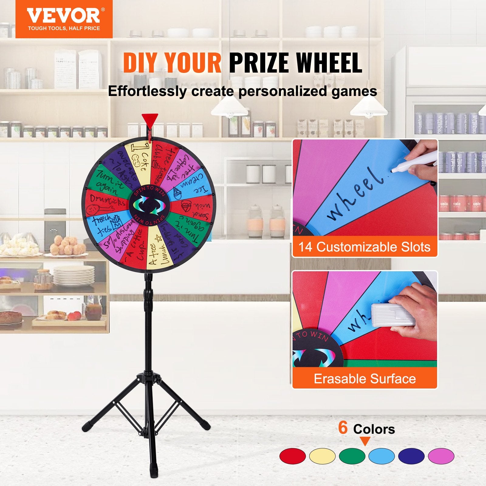 Basketball & Basketball Accessories: Vevor 18 Inch Tabletop Color Prize Wheel with Folding Tripod Floor Stand 14 Slots Dry Erase