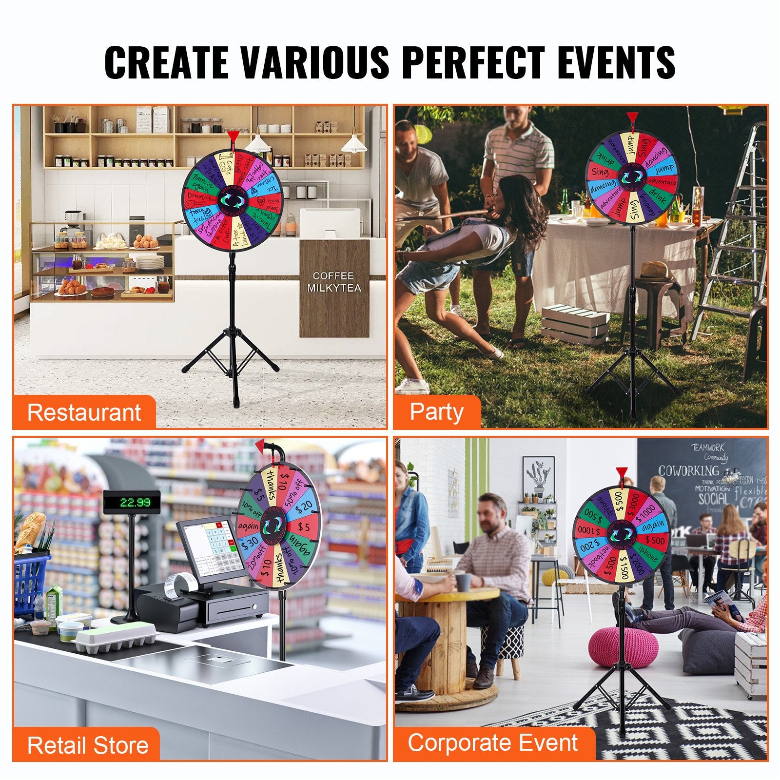 Basketball & Basketball Accessories: Vevor 18 Inch Tabletop Color Prize Wheel with Folding Tripod Floor Stand 14 Slots Dry Erase
