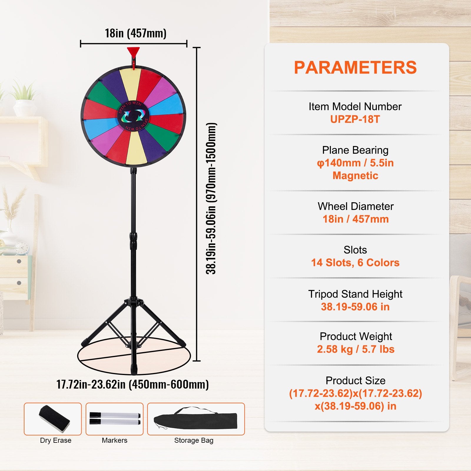 Basketball & Basketball Accessories: Vevor 18 Inch Tabletop Color Prize Wheel with Folding Tripod Floor Stand 14 Slots Dry Erase